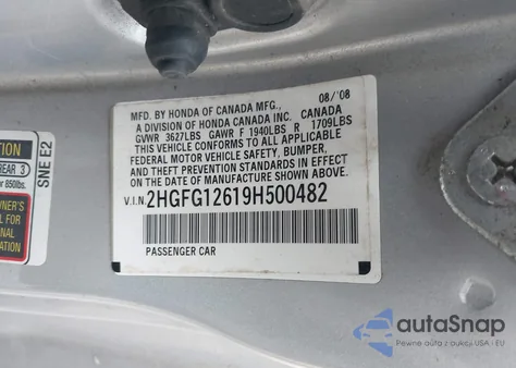 2009 Honda Civic Lx z USA, uszkodzony, nr VIN 2HGFG12619H500482